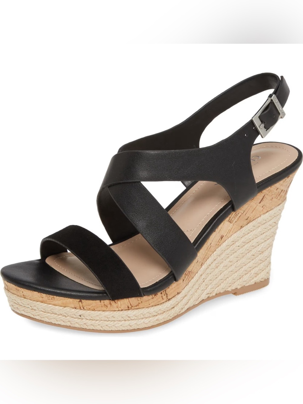 Charles David Black Leather Slingback Wedge Sandals